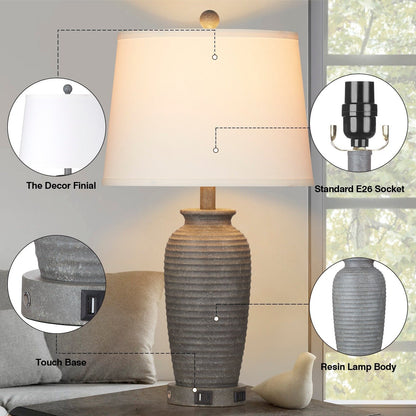 Grey Resin Table Lamps with 3-way Touch Dimming Switch USB Charging Port and AC Outlet (Set of 2)
