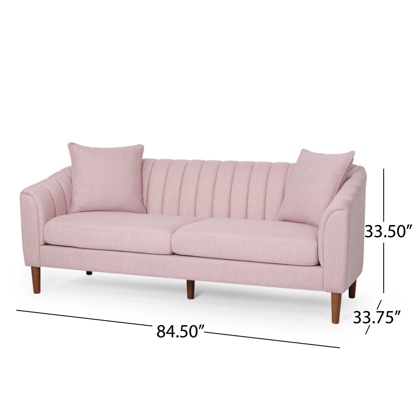 Troc Sofa, Retro Channel Stitching, 85 Inch Solid Wood, Light Pink