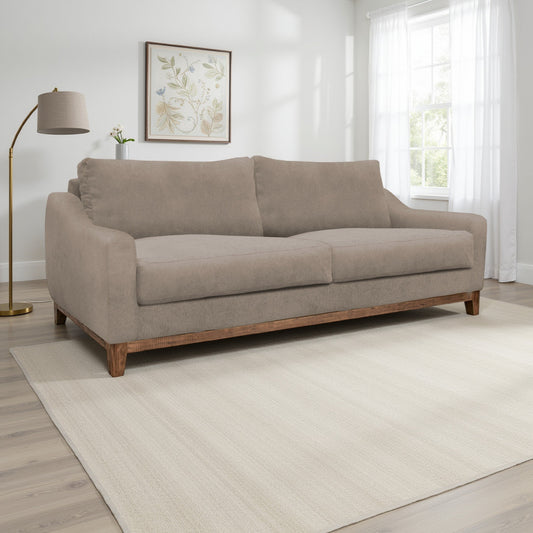 Tuba Sofa, Light Brown Polyester, Foam Cushions, Solid Pine Wood, 88 Inch