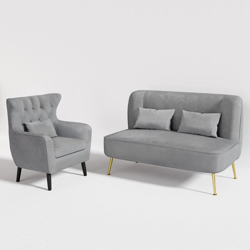 Tuft Velvet Thick Cushion Metal Loveseat