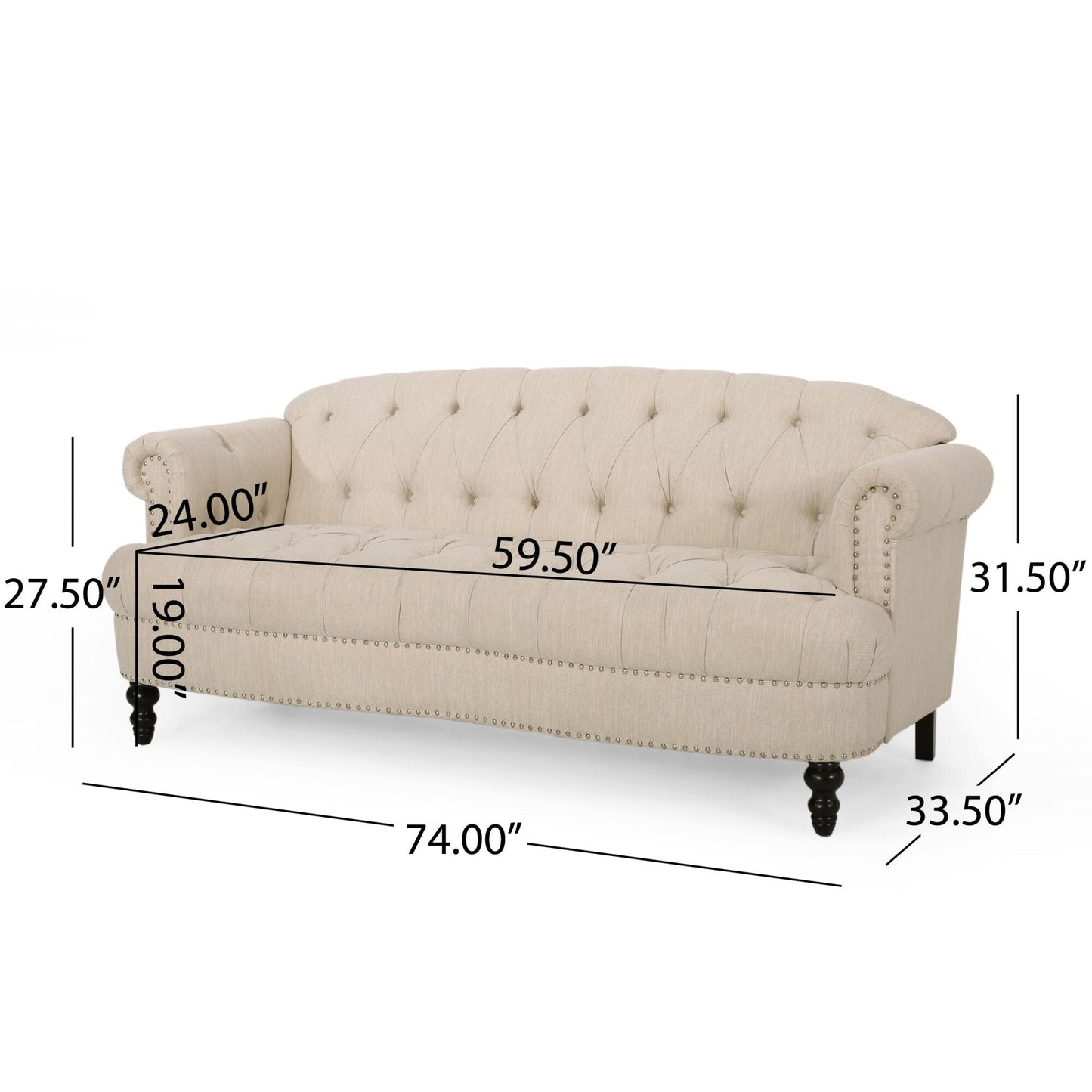 Tufted 3-seater Sofa with Nailhead and Wood Legs