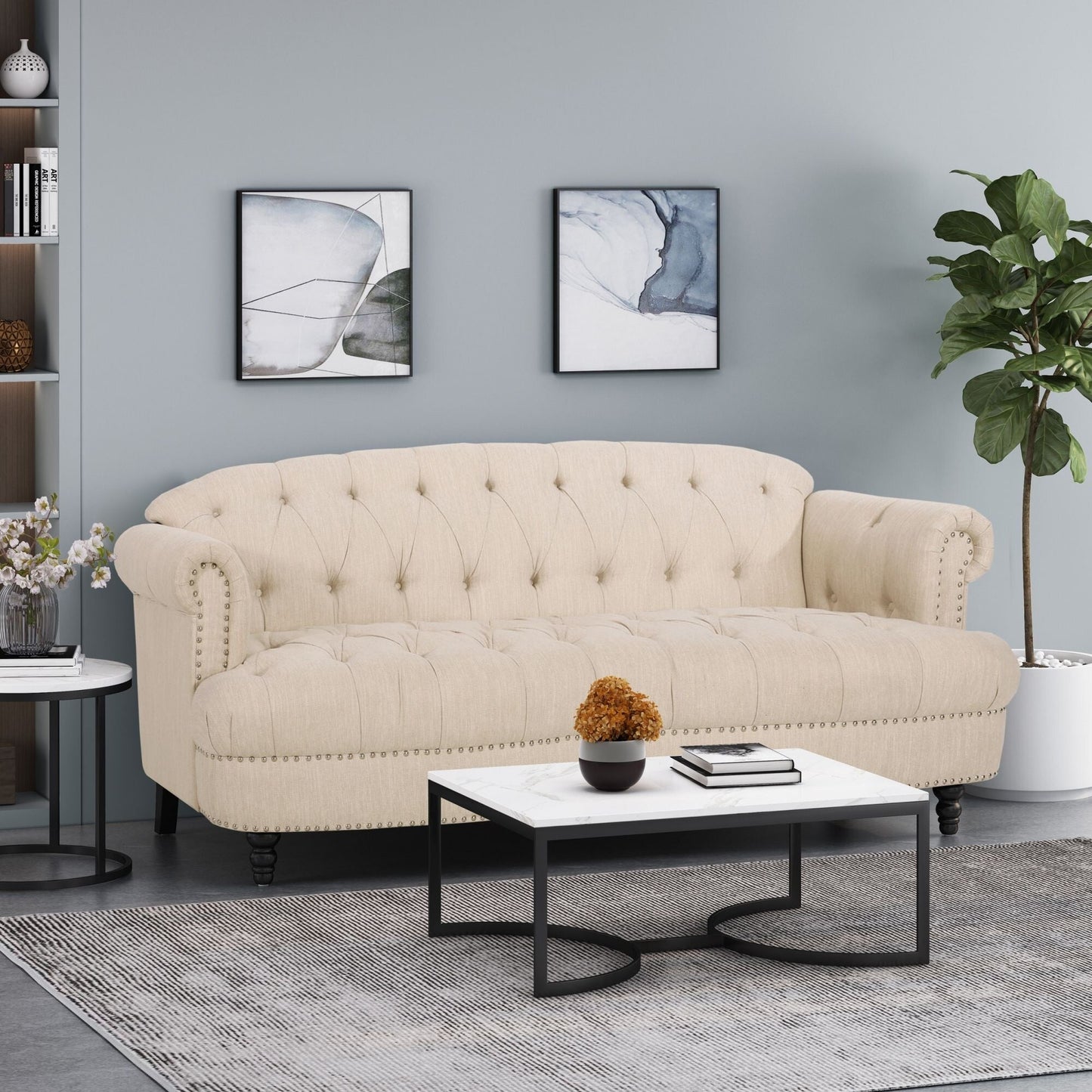 Tufted 3-seater Sofa with Nailhead and Wood Legs