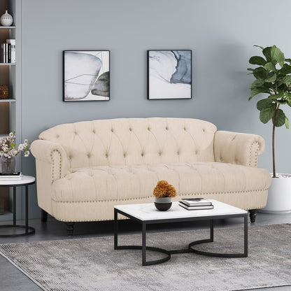 Tufted 3-seater Sofa with Nailhead and Wood Legs