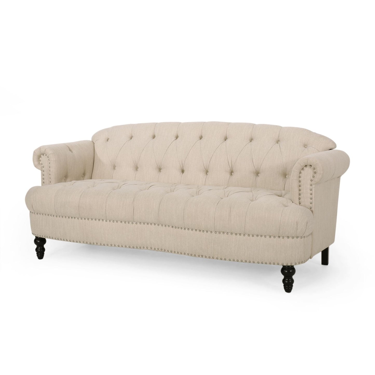 Tufted 3-seater Sofa with Nailhead and Wood Legs
