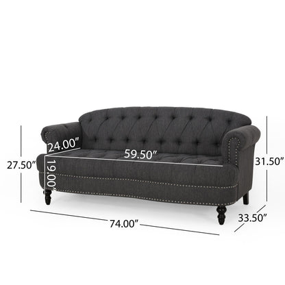 Tufted 3-seater Sofa with Nailhead and Wood Legs