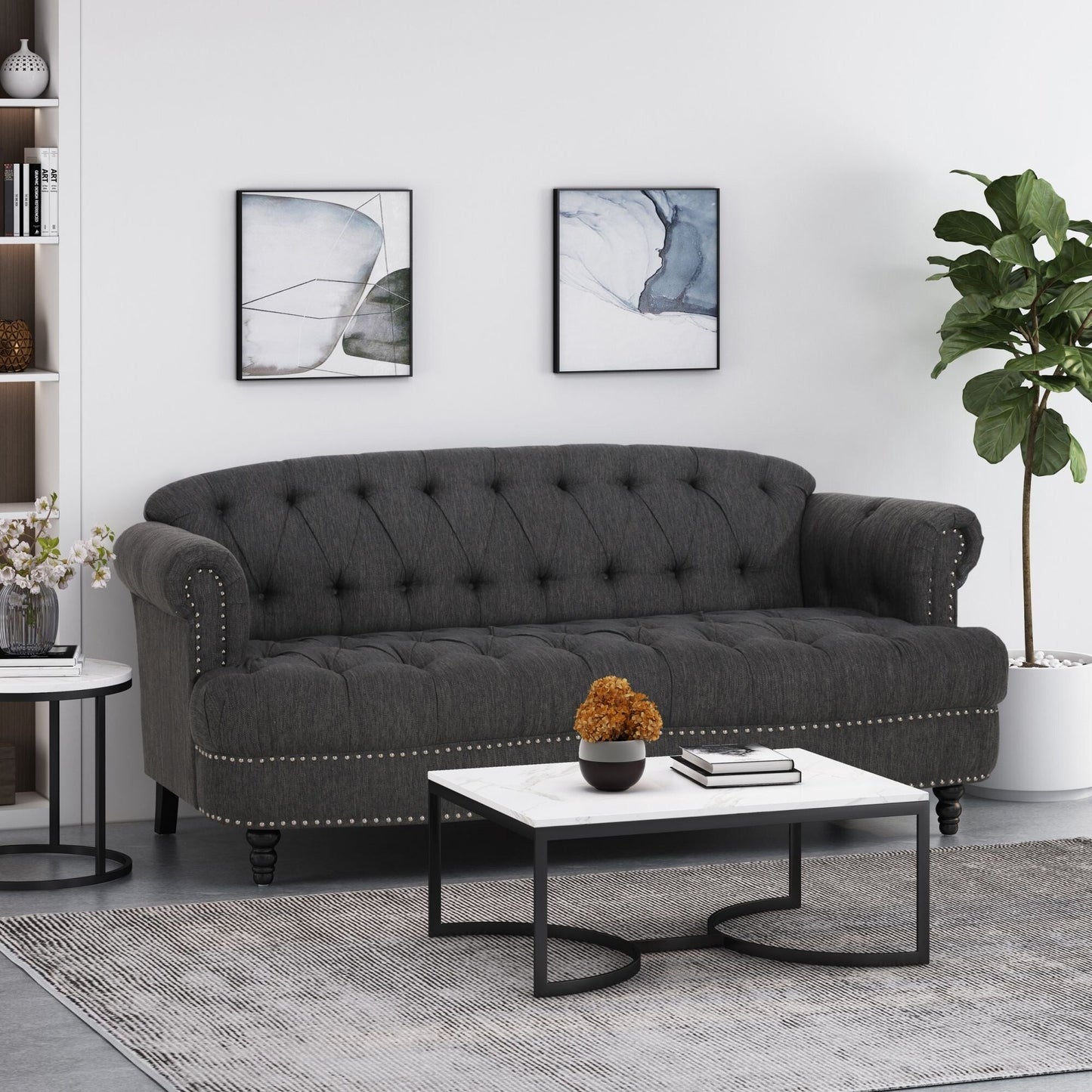 Tufted 3-seater Sofa with Nailhead and Wood Legs
