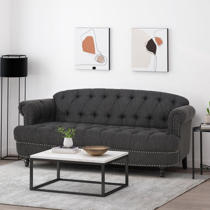Tufted 3-seater Sofa with Nailhead and Wood Legs