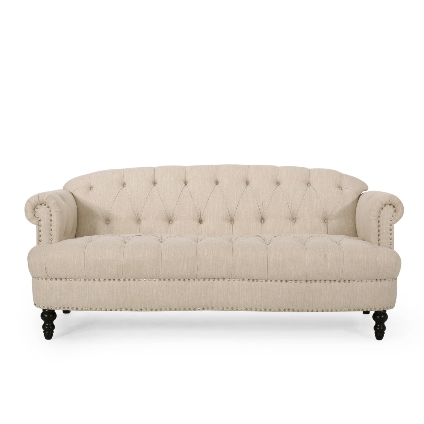Tufted 3-seater Sofa with Nailhead and Wood Legs