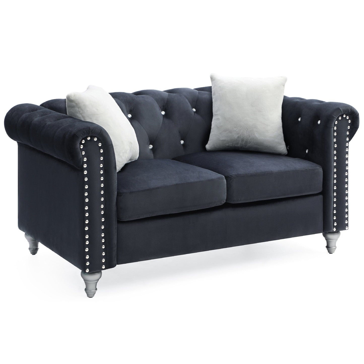Tufted Faux Jewel Velvet 2-Seater Sofa with Throw Pillows - 60 - Black