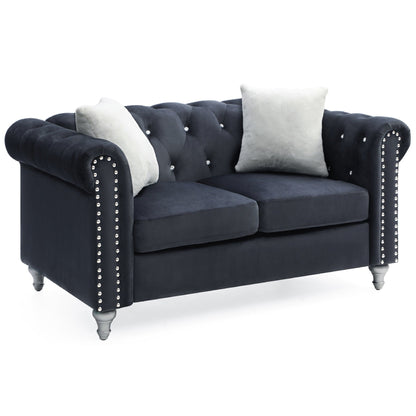 Tufted Faux Jewel Velvet 2-Seater Sofa with Throw Pillows - 60 - Black