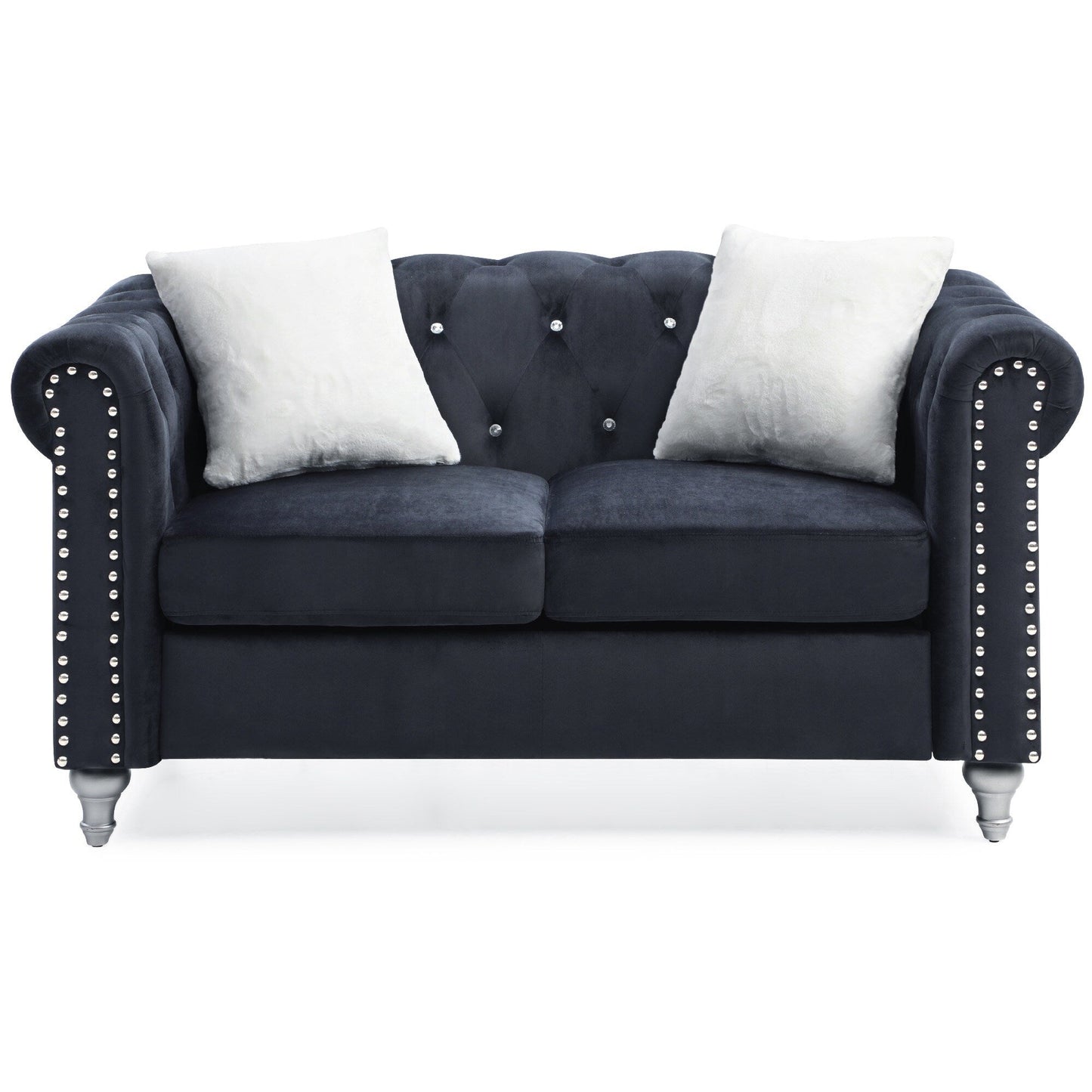 Tufted Faux Jewel Velvet 2-Seater Sofa with Throw Pillows - 60 - Black