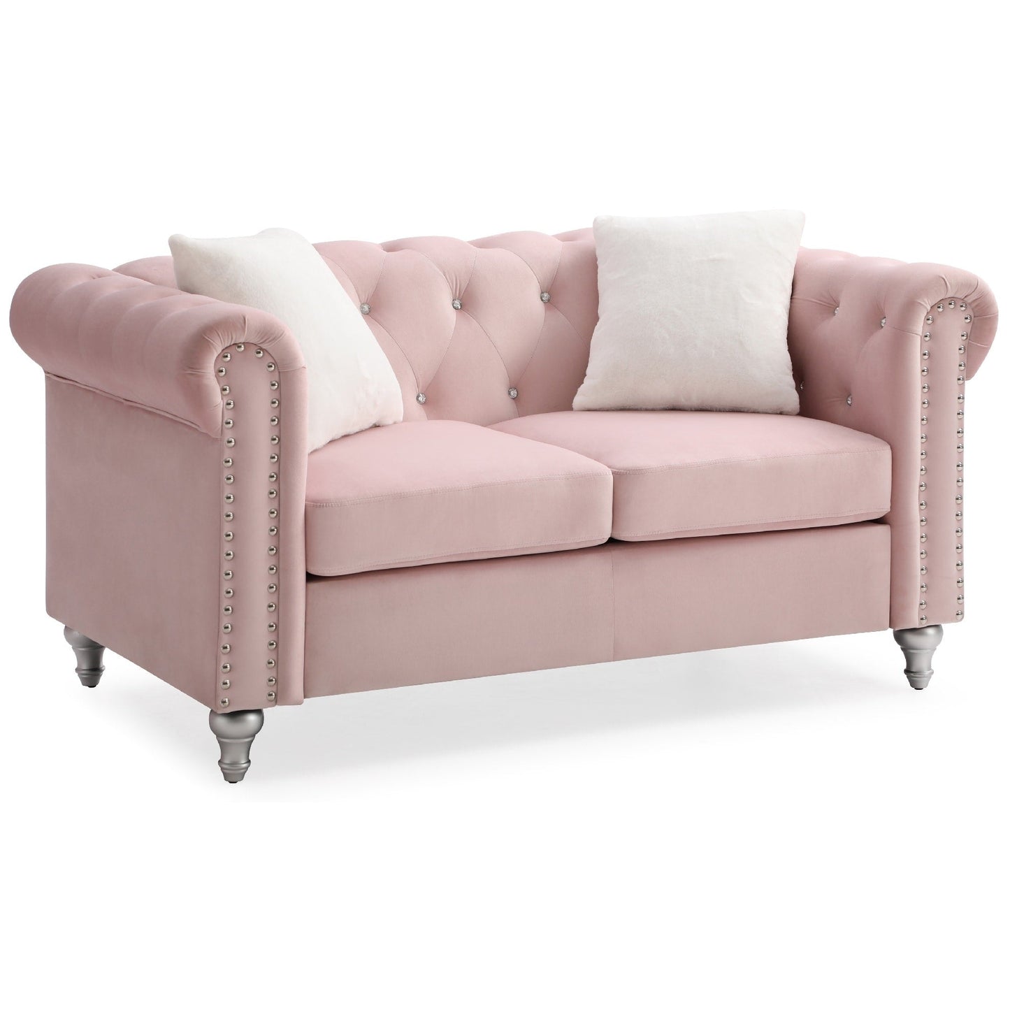 Tufted Faux Jewel Velvet 2-Seater Sofa with Throw Pillows - 60 - Pink