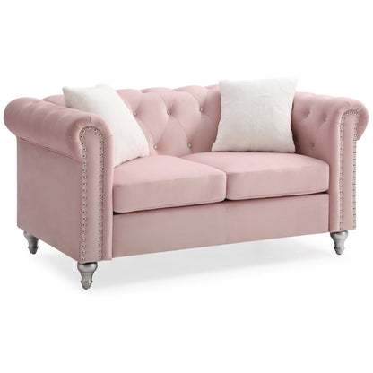 Tufted Faux Jewel Velvet 2-Seater Sofa with Throw Pillows - 60 - Pink