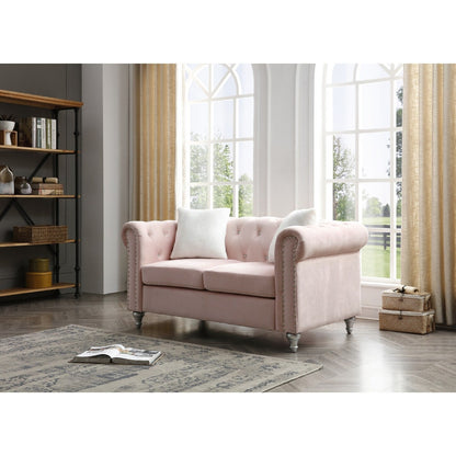 Tufted Faux Jewel Velvet 2-Seater Sofa with Throw Pillows - 60 - Pink