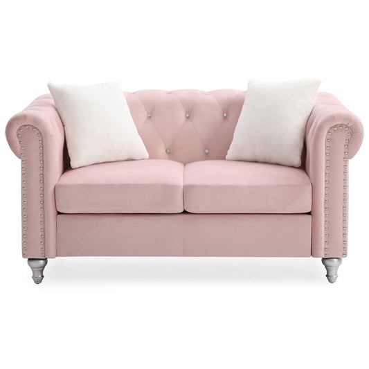Tufted Faux Jewel Velvet 2-Seater Sofa with Throw Pillows - 60 - Pink