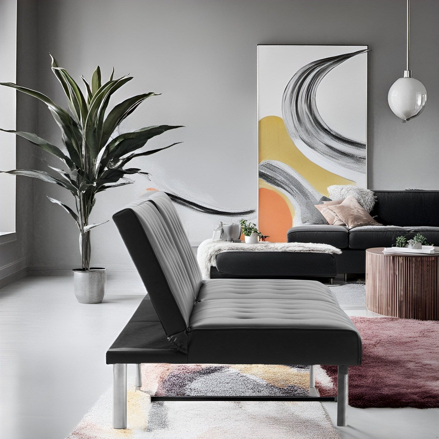 Tufted Mid-Century Modern Split Back Futon Sofa Couch Bed with Chrome Legs