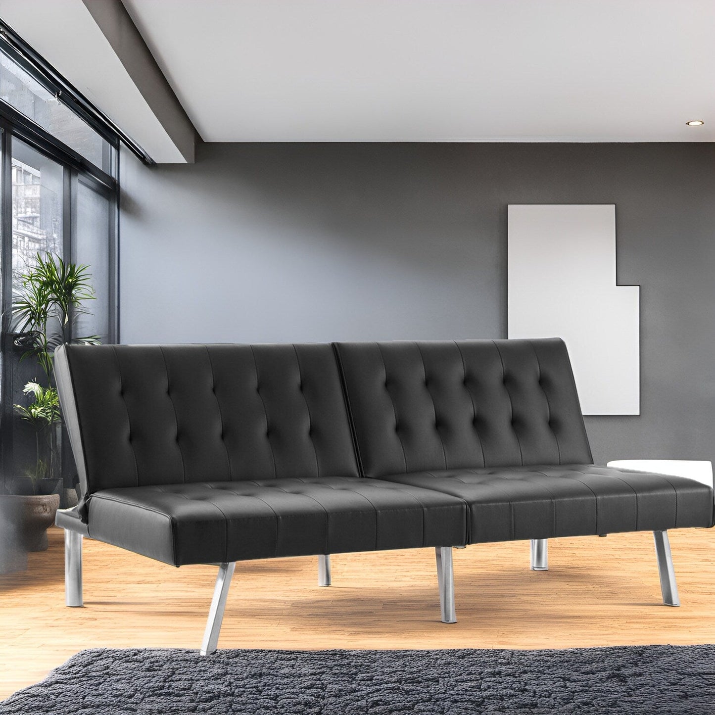 Tufted Mid-Century Modern Split Back Futon Sofa Couch Bed with Chrome Legs