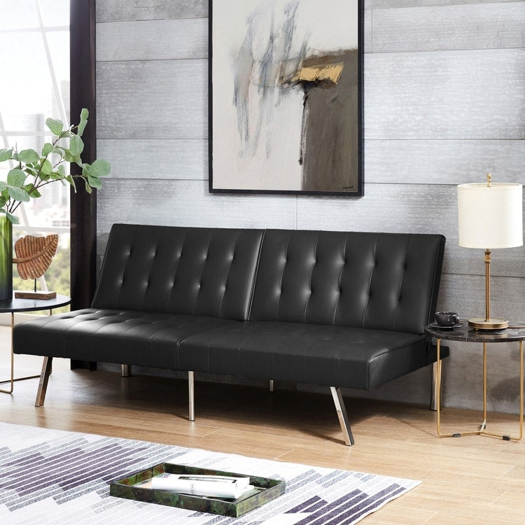 Tufted Mid-Century Modern Split Back Futon Sofa Couch Bed with Chrome Legs