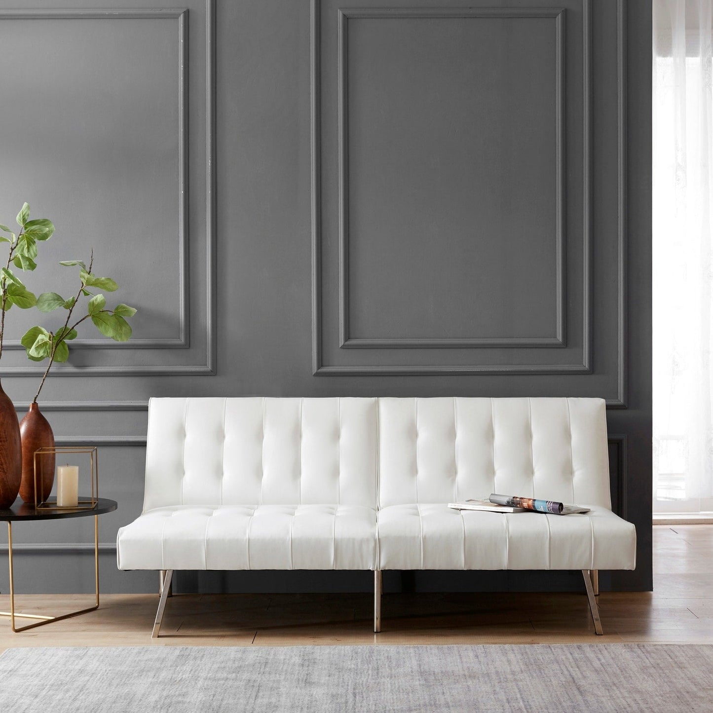 Tufted Mid-Century Modern Split Back Futon Sofa Couch Bed with Chrome Legs