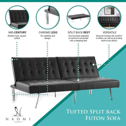 Tufted Mid-Century Modern Split Back Futon Sofa Couch Bed with Chrome Legs