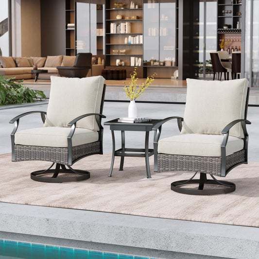 Uixe 3-Piece Outdoor Swivel Rocking Chair Table Set Wicker Rocker