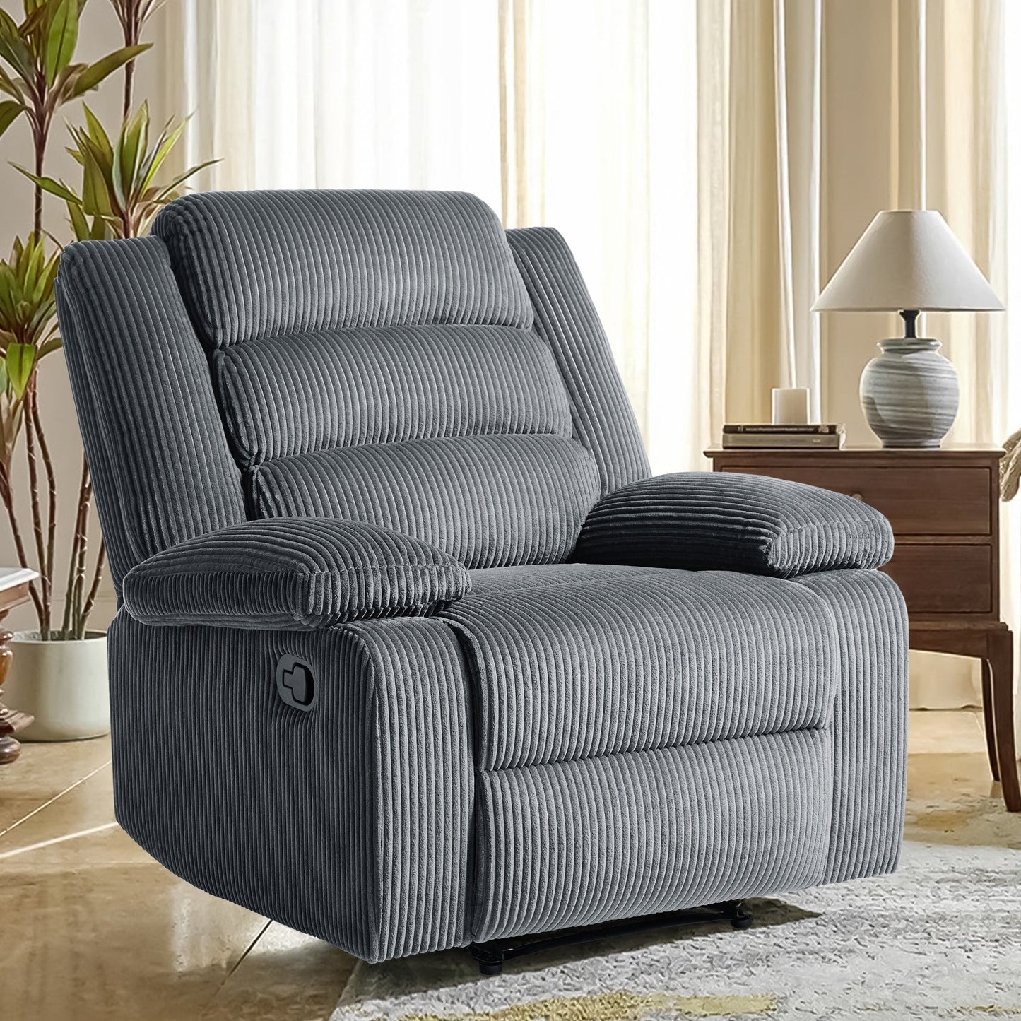Overstuffed Cotton Corduroy Manual Pushback Recliner with Wide Armrest