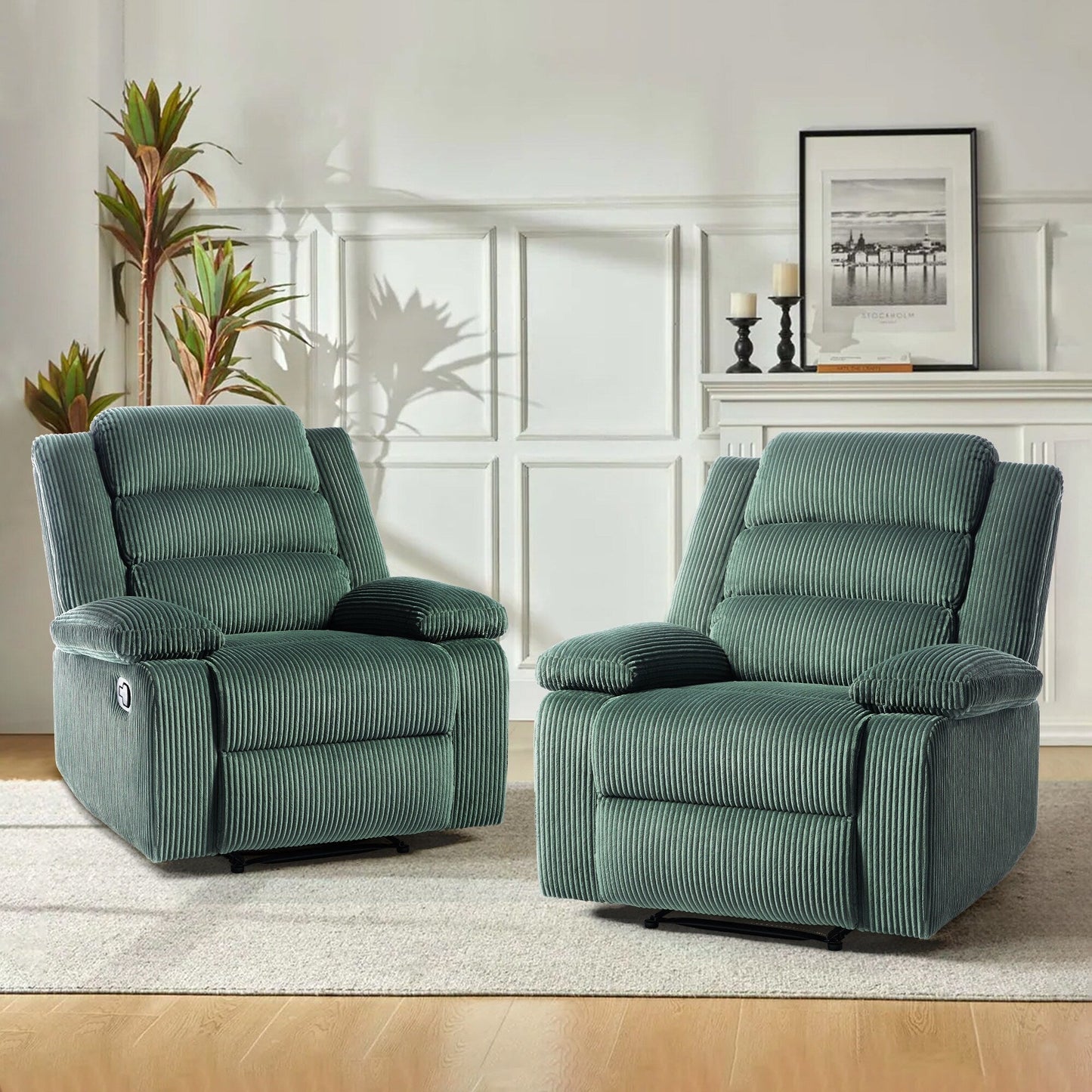 Overstuffed Cotton Corduroy Manual Pushback Recliner with Wide Armrest