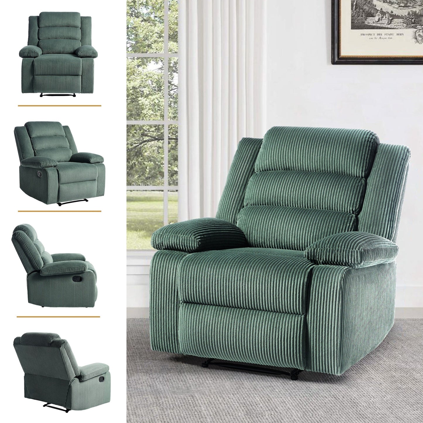 Overstuffed Cotton Corduroy Manual Pushback Recliner with Wide Armrest