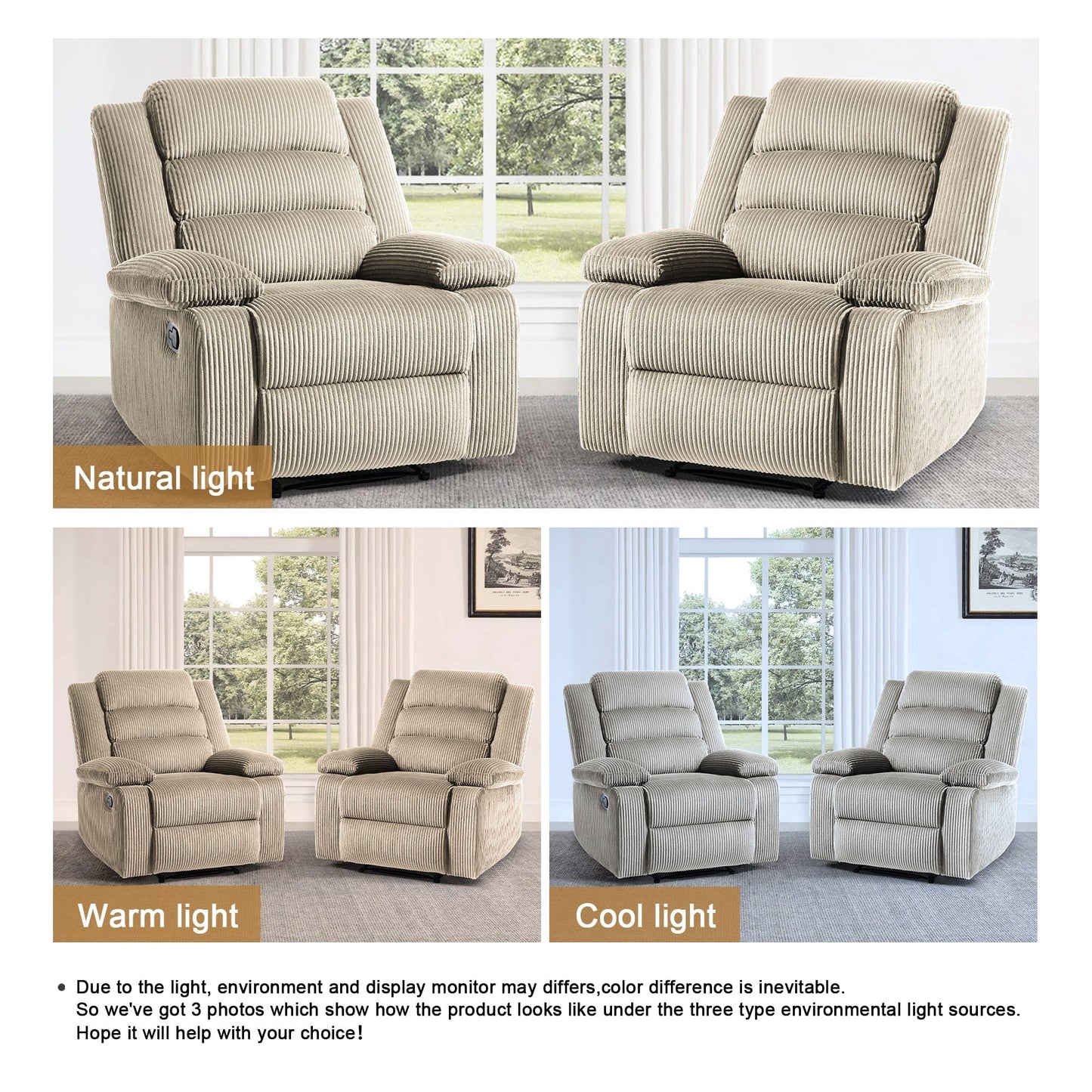 Overstuffed Cotton Corduroy Manual Pushback Recliner with Wide Armrest