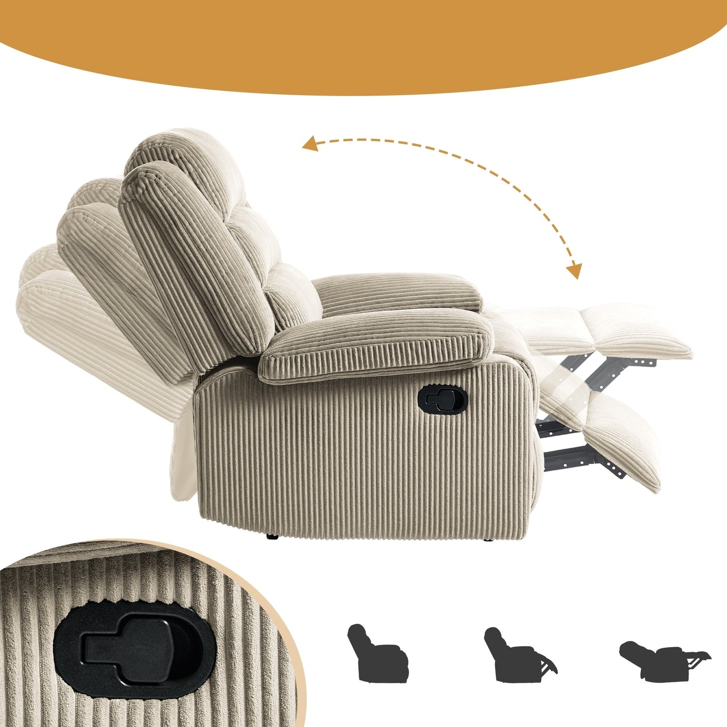 Overstuffed Cotton Corduroy Manual Pushback Recliner with Wide Armrest