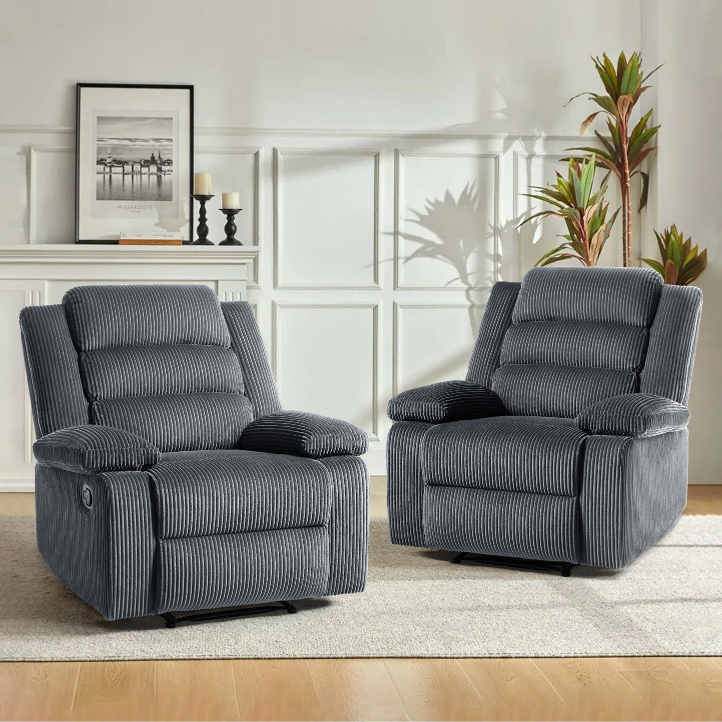 Overstuffed Cotton Corduroy Manual Pushback Recliner with Wide Armrest