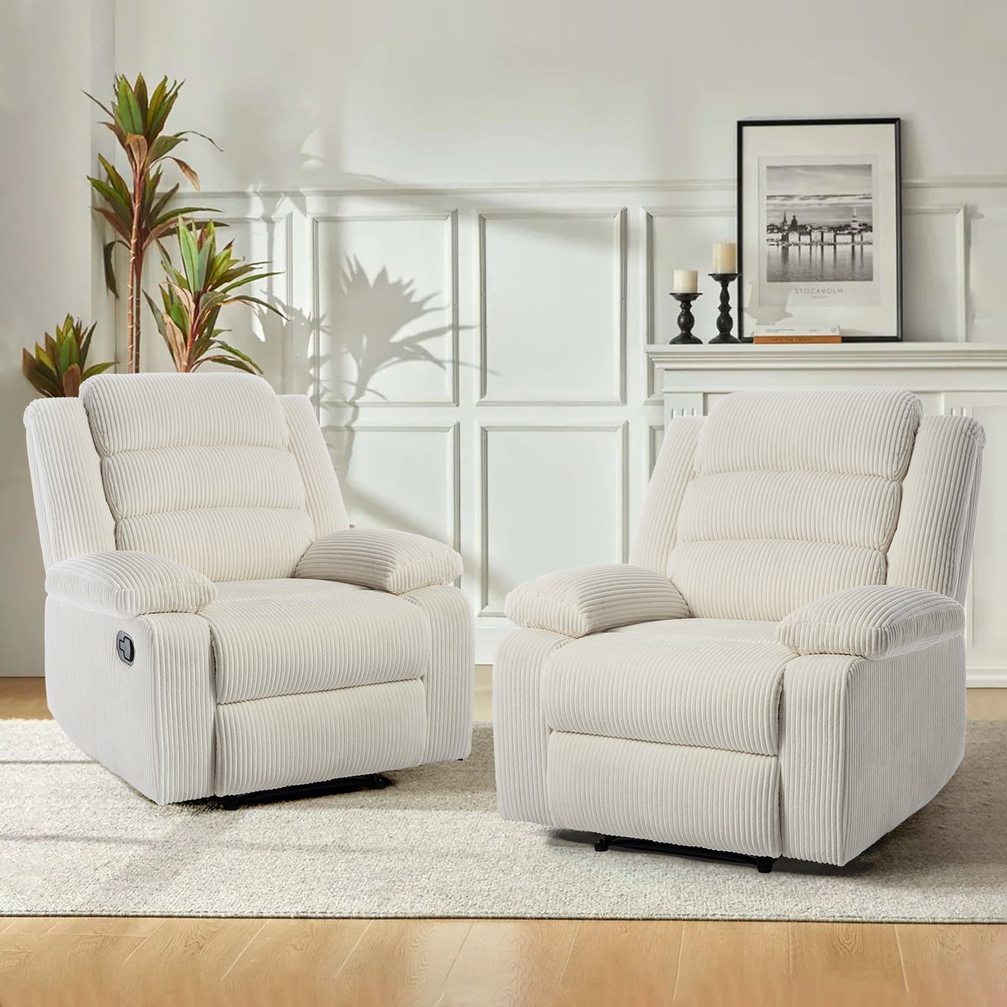 Overstuffed Cotton Corduroy Manual Pushback Recliner with Wide Armrest