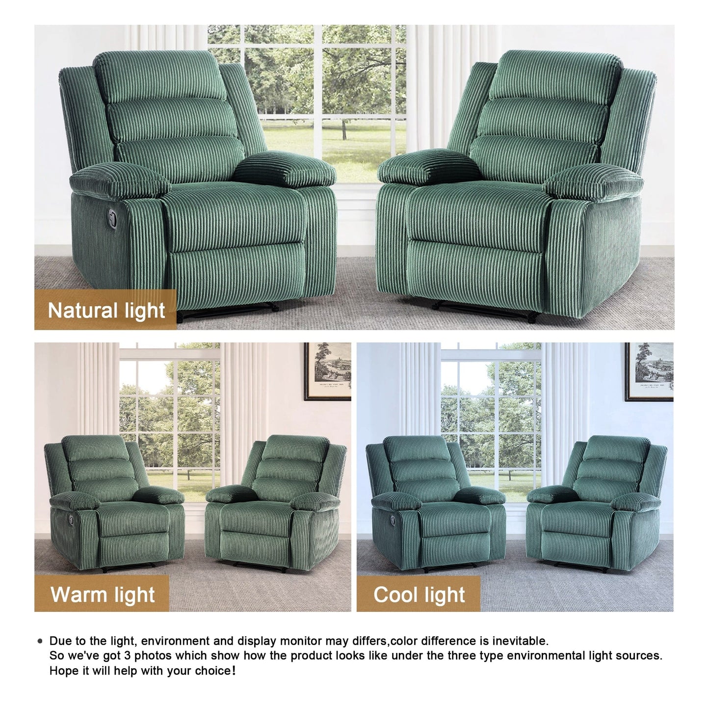 Overstuffed Cotton Corduroy Manual Pushback Recliner with Wide Armrest