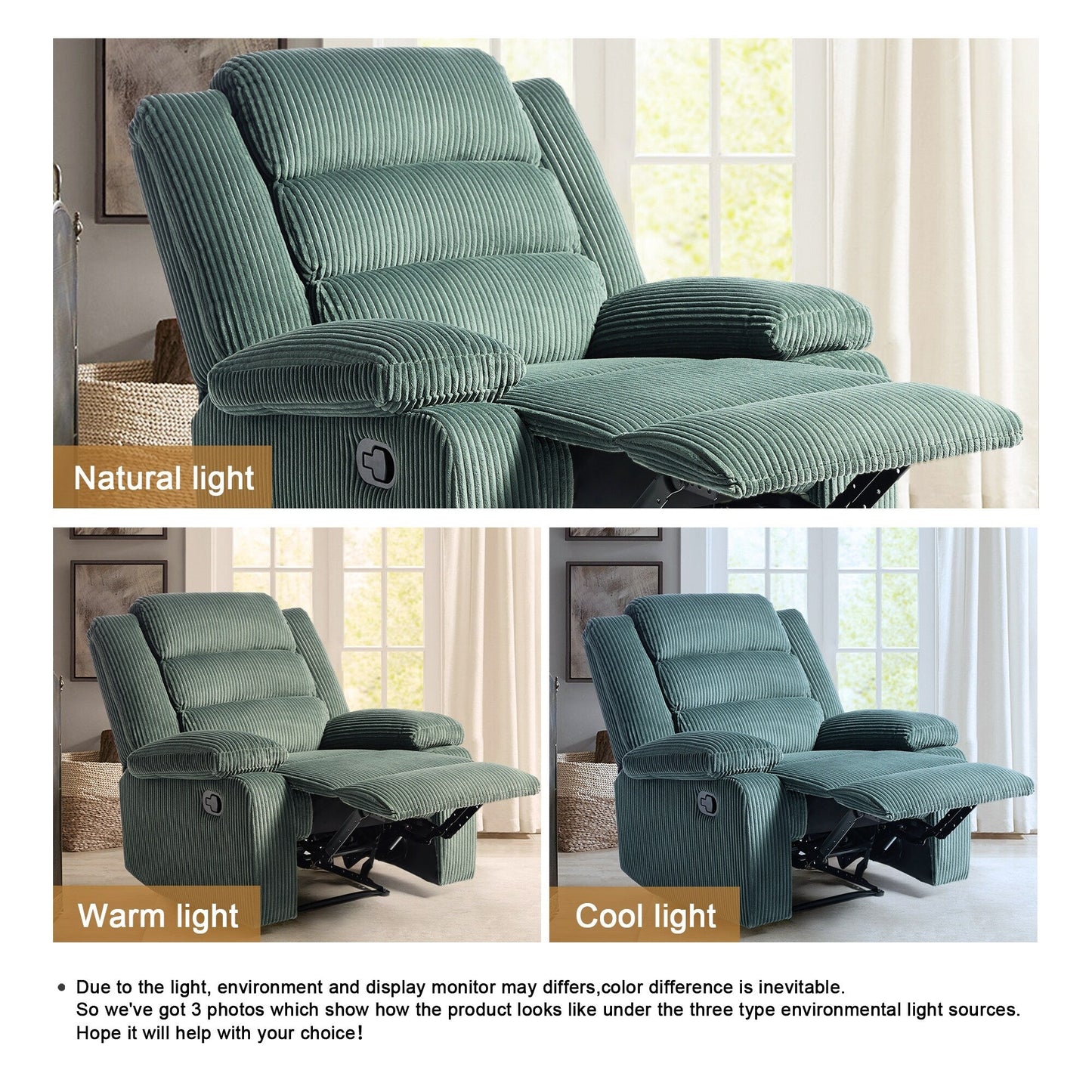 Overstuffed Cotton Corduroy Manual Pushback Recliner with Wide Armrest