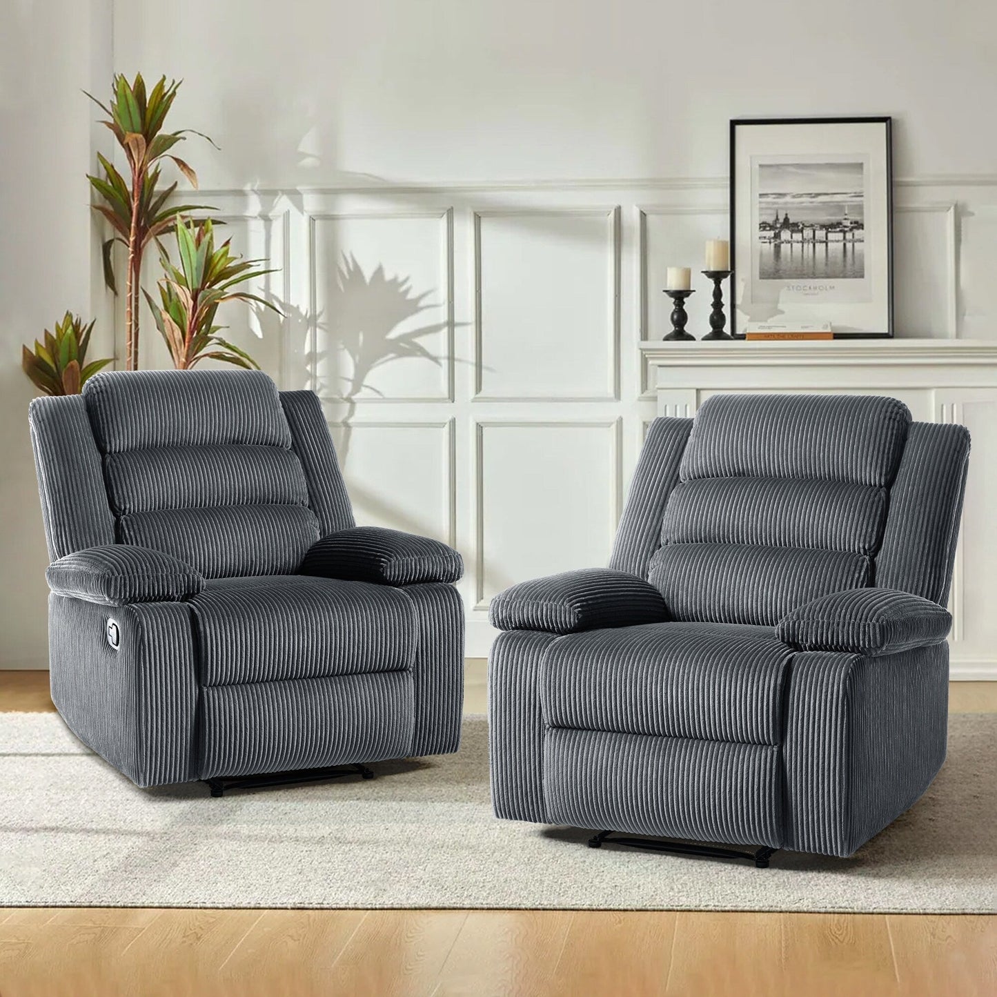 Overstuffed Cotton Corduroy Manual Pushback Recliner with Wide Armrest