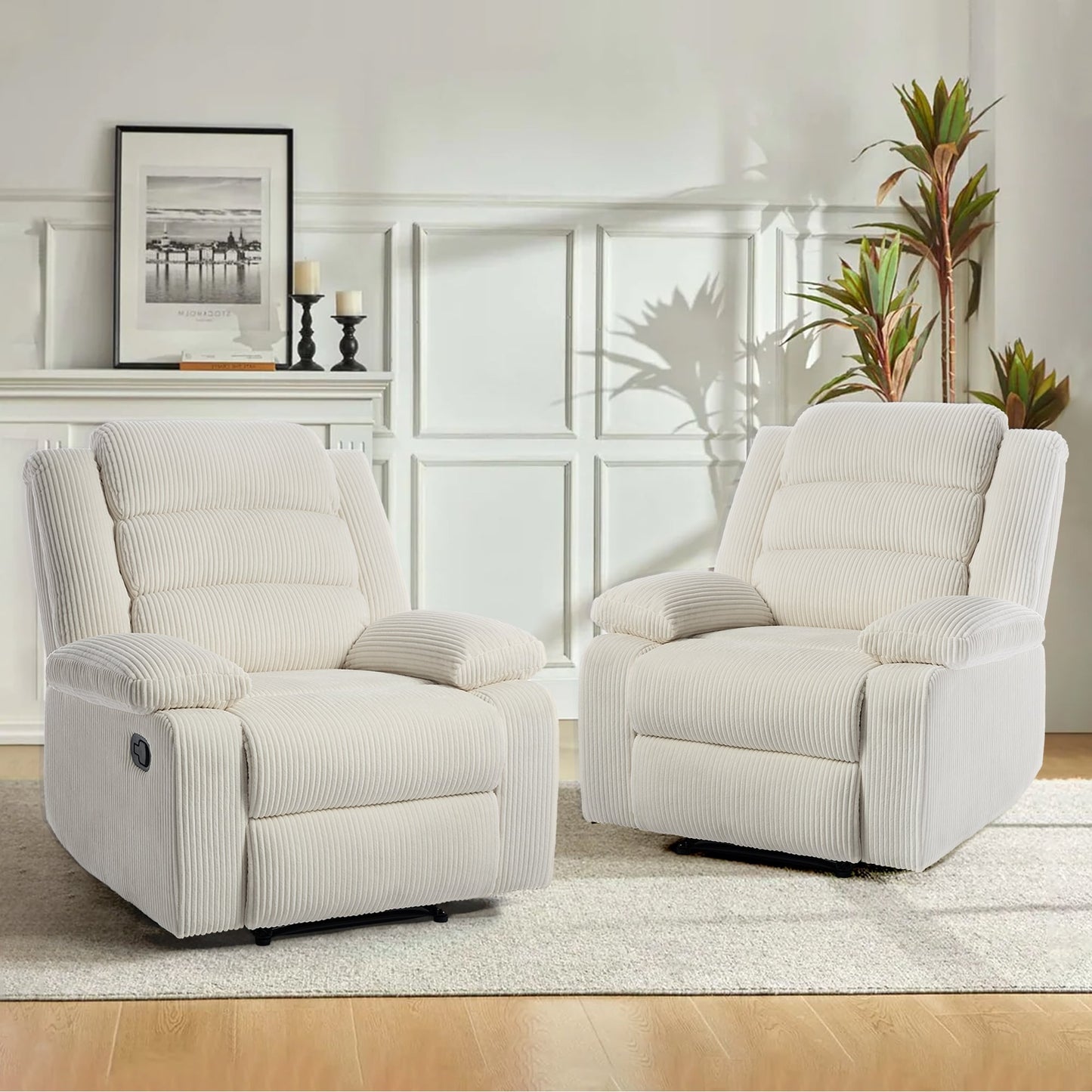Overstuffed Cotton Corduroy Manual Pushback Recliner with Wide Armrest