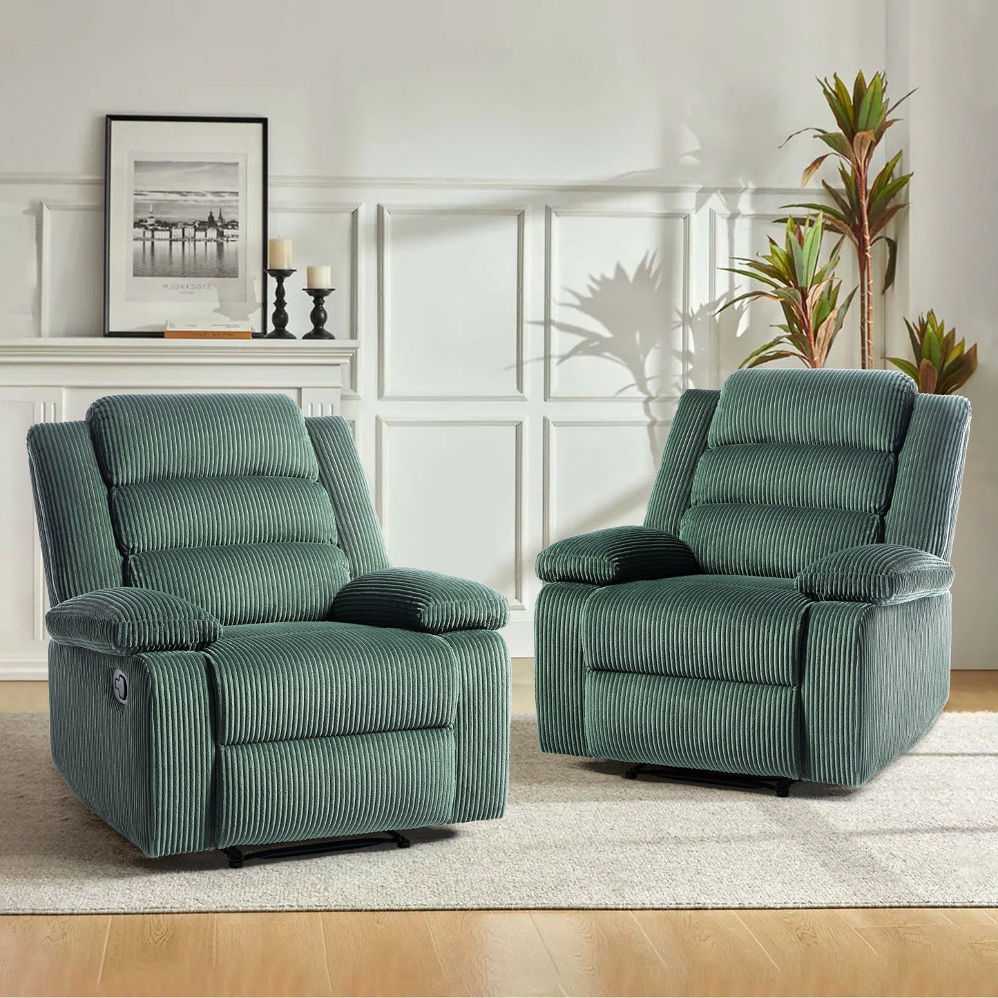 Overstuffed Cotton Corduroy Manual Pushback Recliner with Wide Armrest