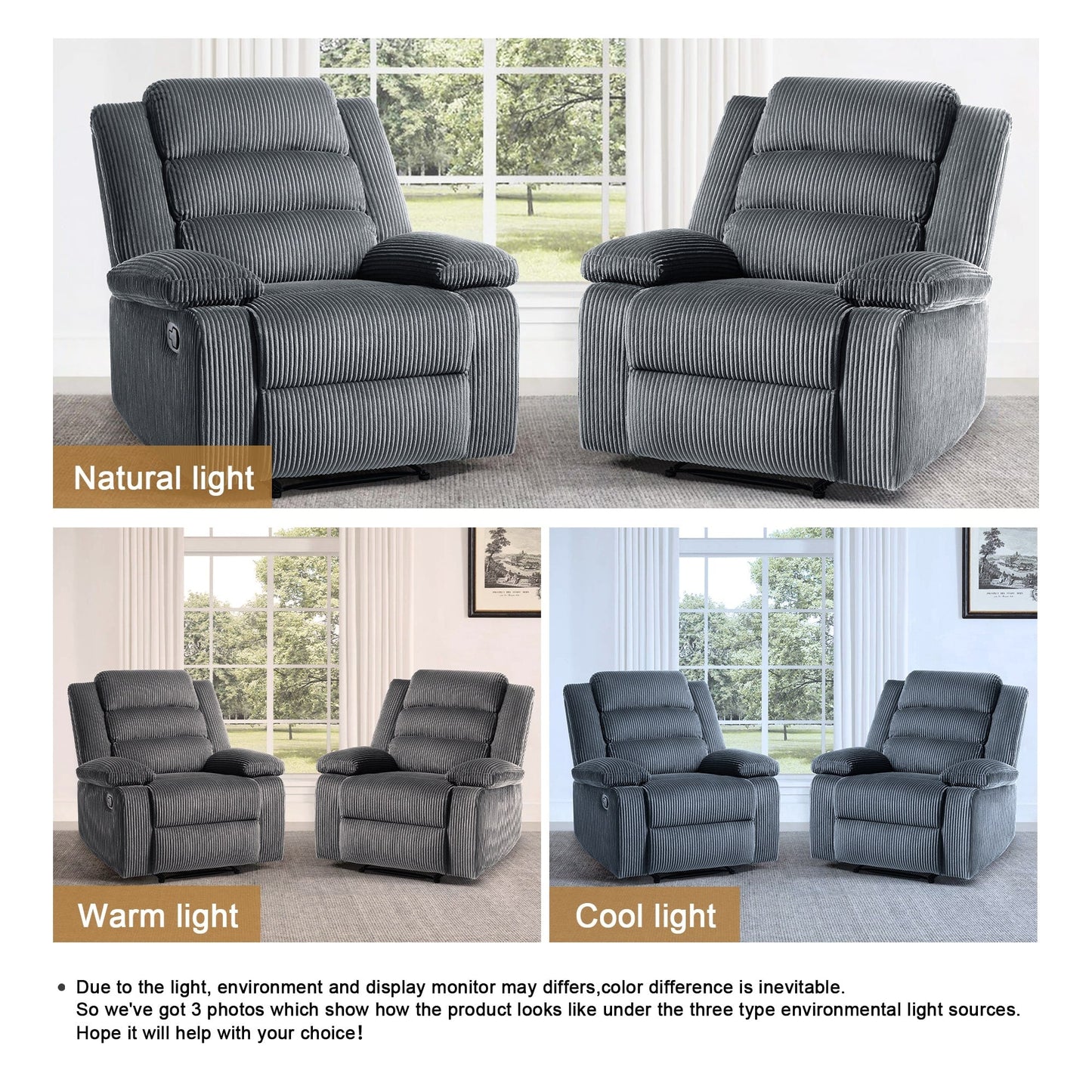 Overstuffed Cotton Corduroy Manual Pushback Recliner with Wide Armrest