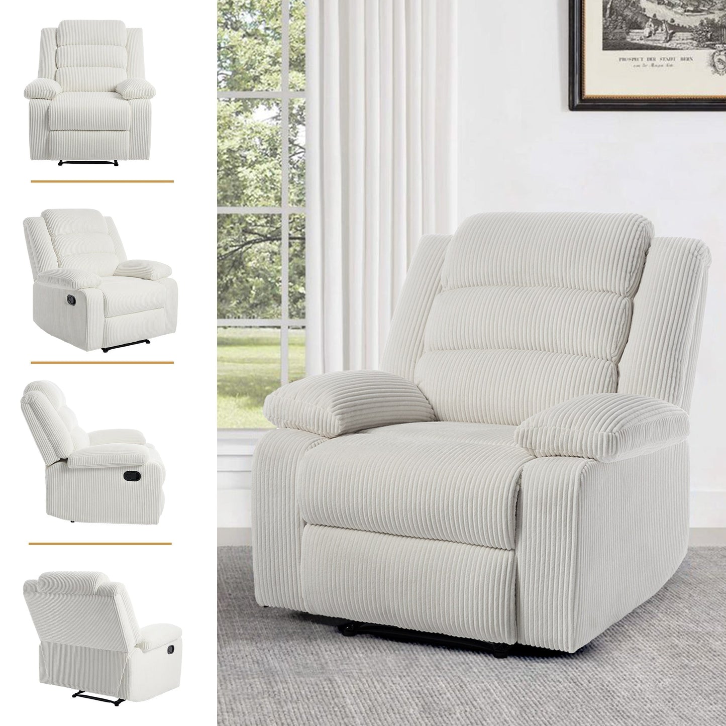 Overstuffed Cotton Corduroy Manual Pushback Recliner with Wide Armrest