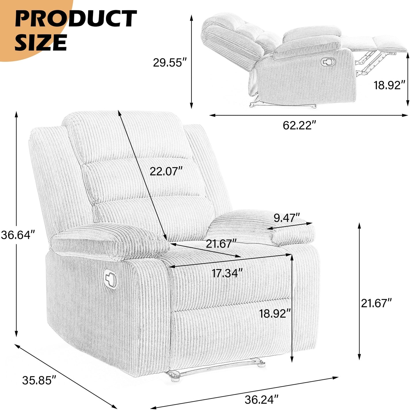 Overstuffed Cotton Corduroy Manual Pushback Recliner with Wide Armrest