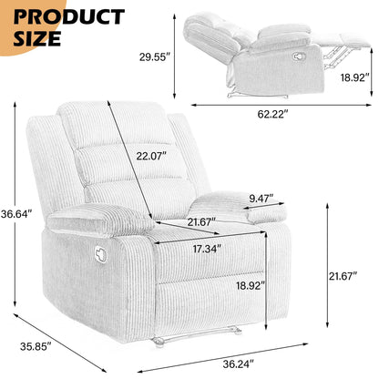Overstuffed Cotton Corduroy Manual Pushback Recliner with Wide Armrest