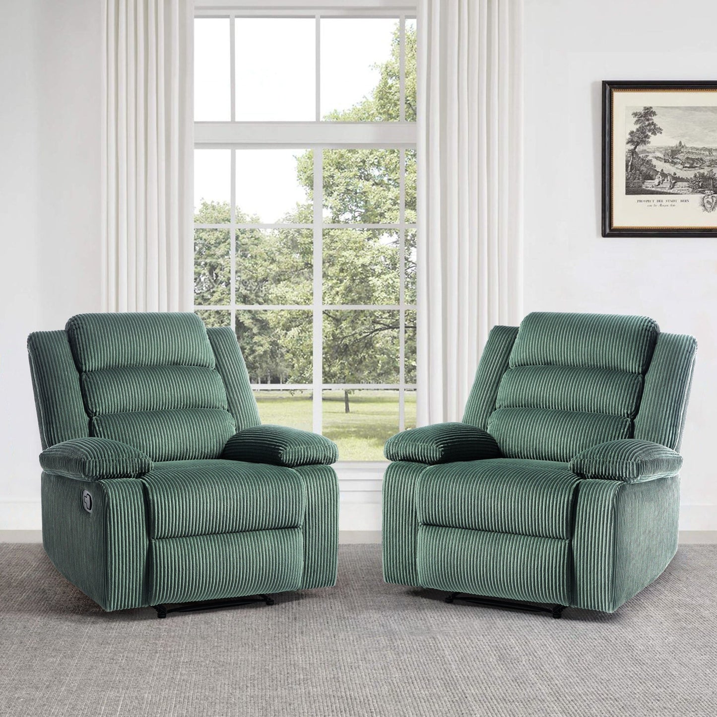 Overstuffed Cotton Corduroy Manual Pushback Recliner with Wide Armrest