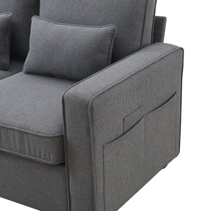 Upholstered Sofa With Console, 2 Cupholders And 2 Usb Ports Wired Or Wirelessly Charged, Linen Fabric Couches With 4 Pillows