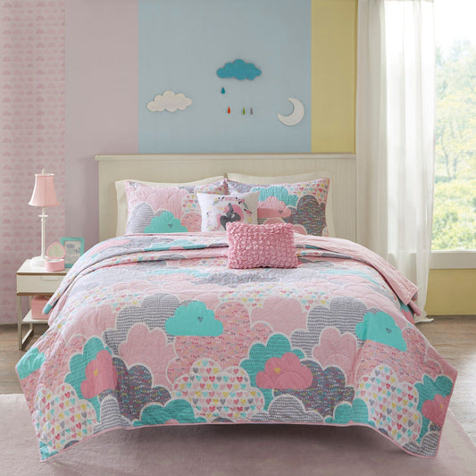 Intelligent Design Kids Bliss Pink Reversible Cotton Quilt Set with Throw Pillows