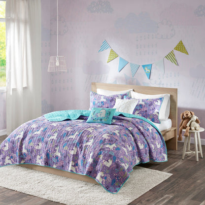 Intelligent Design Kids Ella Unicorn Reversible Cotton Quilt Set with Throw Pillows