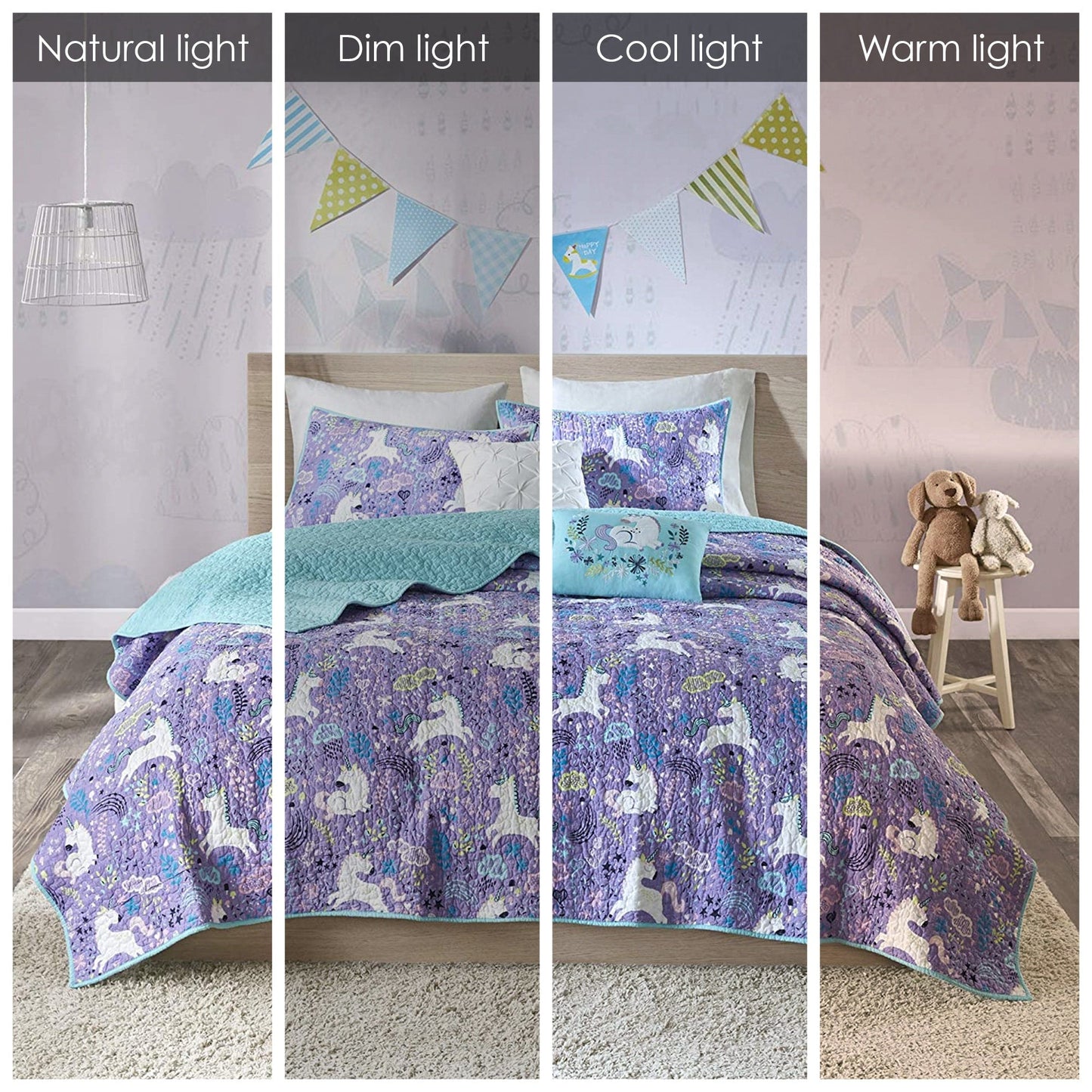 Intelligent Design Kids Ella Unicorn Reversible Cotton Quilt Set with Throw Pillows