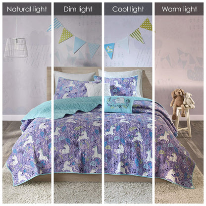 Intelligent Design Kids Ella Unicorn Reversible Cotton Quilt Set with Throw Pillows