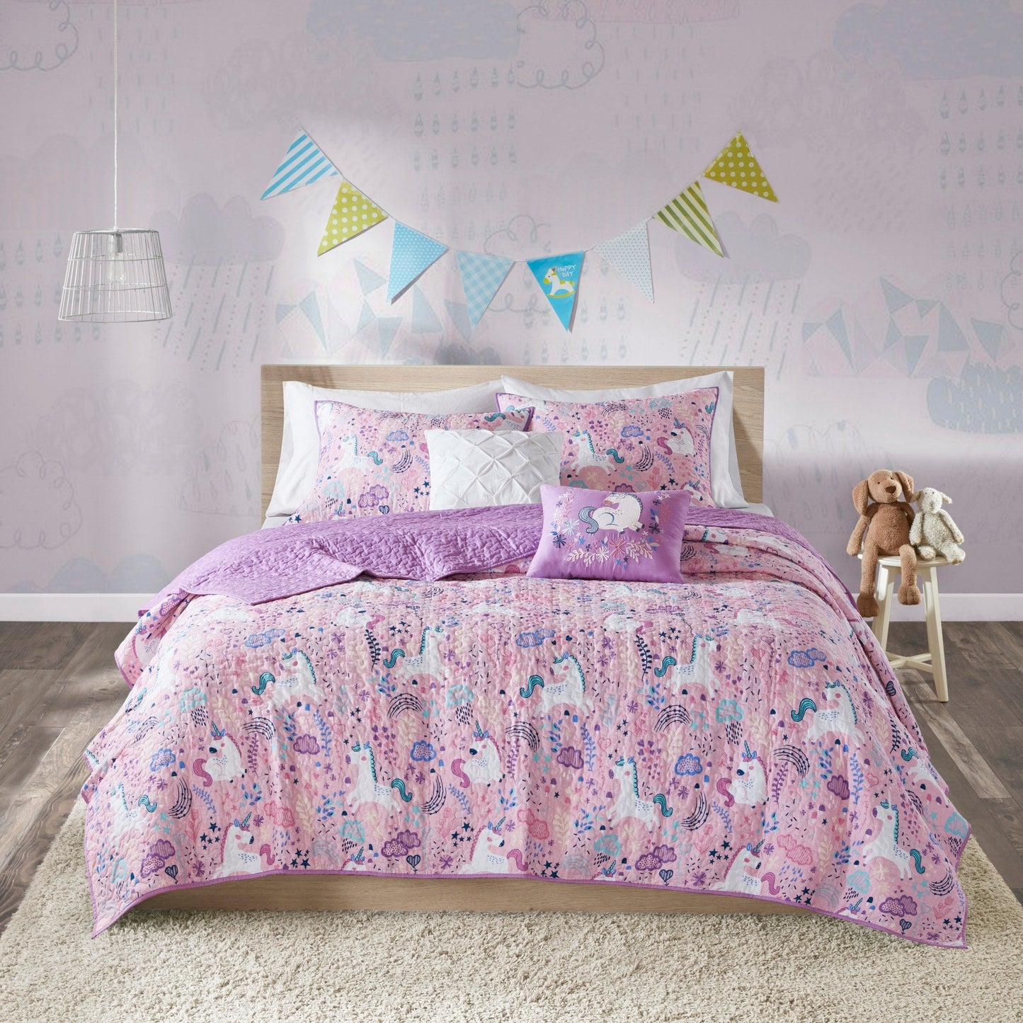 Intelligent Design Kids Ella Unicorn Reversible Cotton Quilt Set with Throw Pillows