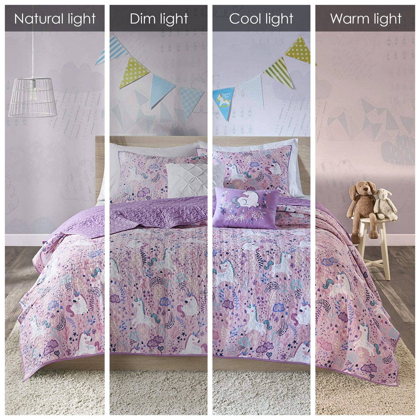 Intelligent Design Kids Ella Unicorn Reversible Cotton Quilt Set with Throw Pillows