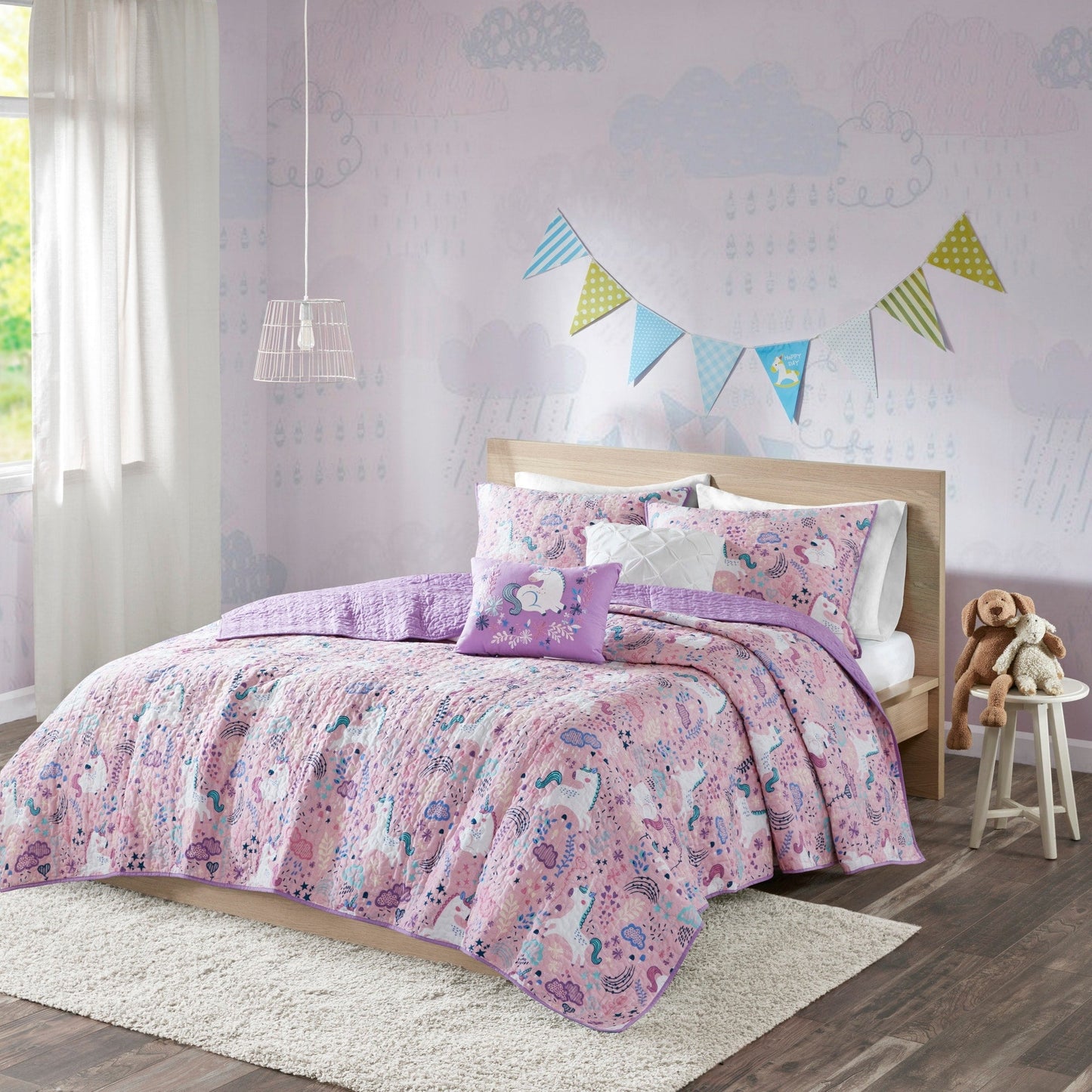 Intelligent Design Kids Ella Unicorn Reversible Cotton Quilt Set with Throw Pillows